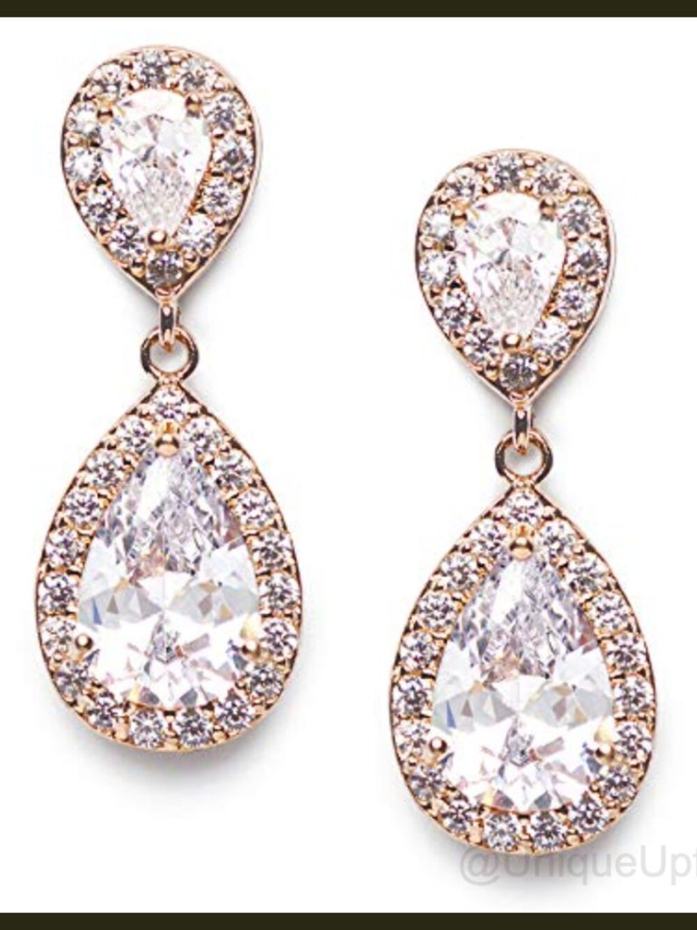 Cubic Zirconia Teardrop Dangle Bridal Earrings Rose Gold Plated Wedding Prom